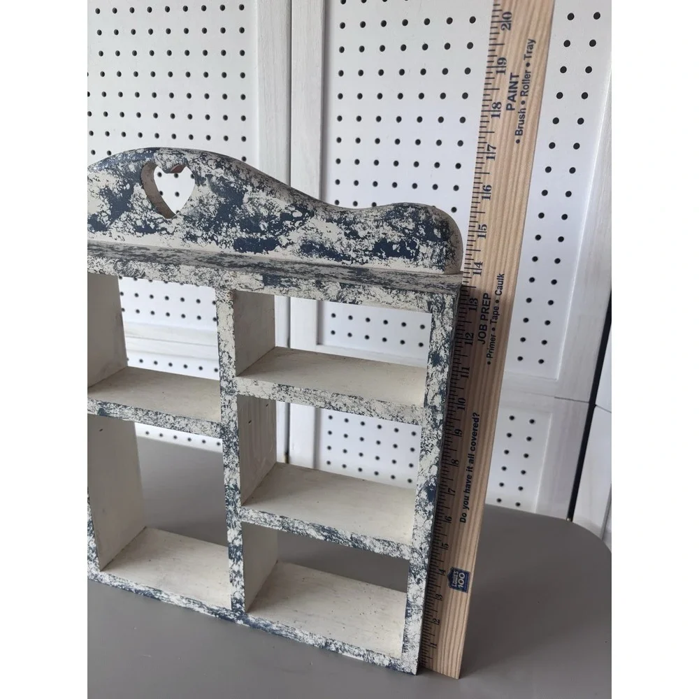Wooden Heart Cutout Wall Trinket Shelf Rustic Painted Cottacore Blue Ivory